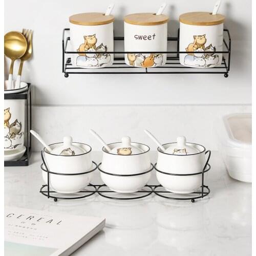 3 Pics Cute Cat Ceramics Spice Jar Salt Sugar Pepper Shaker Seasoning Bottle Rack Spice Storage Container Jars Kitchen Goods