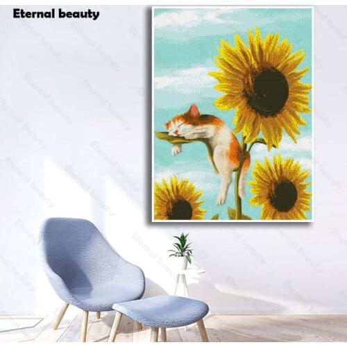 Diamond Painting Cat Sleeps On A Sunflower Full Diamond Embroidery Diy Round Square Drill Cross Stitch Kits Handcraft Handmade
