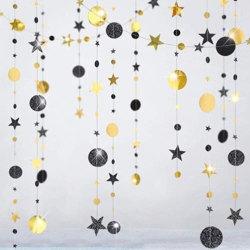 Glitter Paper Black Gold Twinkle Little Star Circle Party Garland Streamer Banner for Wedding Birthday Baby Shower Xmas New Year