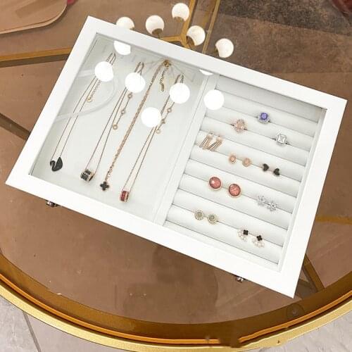 Big PU white Carrying Case with Glass Cover Jewelry Ring Display Box Tray Holder Storage Box Organizer Earrings Ring Bracelet B