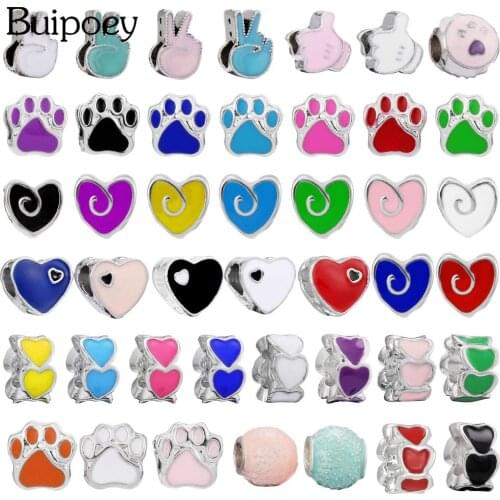 Buipoey 2pcs/lot Enamel Victory Gesture Beaded Animal Footprints Beads Heart Charm Fit Diy Bracelets Necklace Jewelry Making
