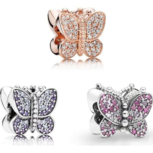 NEW 925 Sterling Silver Rose Shiny Butterfly Charm Beads Suitable For Women Bracelets And Necklaces Fashion Jewelry Diy