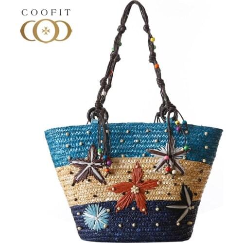 Coofit Women Beach Bag New Summer Fashion Holiday Woven Handbag Girls Hawaii Starfish Pattern Shoulder Bag Starry Straw Bags Sac