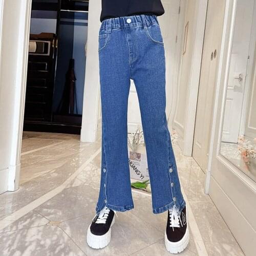 New Arrivals Spring Autumn Kids Jeans Denim Pants with Button Solid Color Girls Clothes Children Elastic Waist Trousers 5-14Year