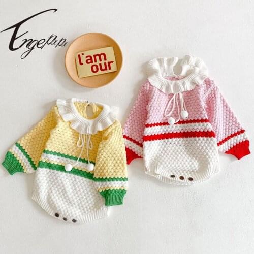 Engepapa Newborn Baby Girls Splicing Jumpsuit Spring Autumn Infant Baby Girls Bodysuits Toddler Baby Girl Knitting Clothes