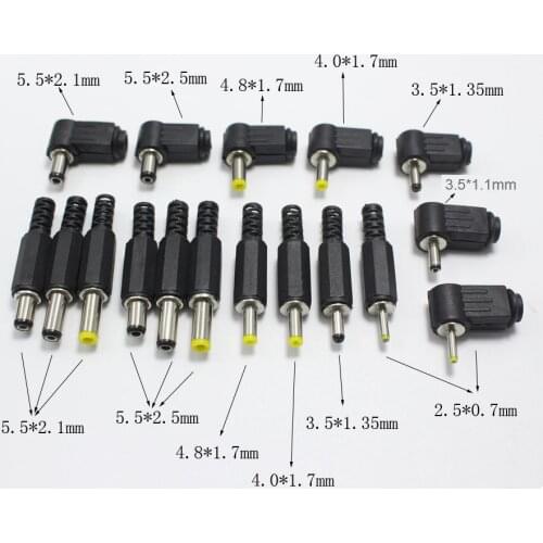 5pcs 5.5x2.5 5.5x2.1 4.8x1.7 4.0x1.7 3.5x1.35 3.5x1.1 2.5x0.7 mm Male DC Power Plug Connector Angle 90 180 degree L Shaped Plugs