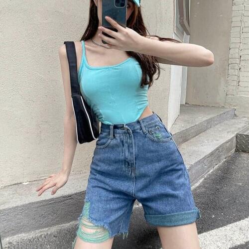Summer Harajuku WomenS Ripped Pants High Waist Pocket Cow Pants Street Wear Blue Loose Jeans Chic Ladies Wear 2021 y2k