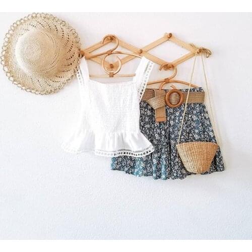 Summer Cute Kids Girl Suit White Elastic Waist top + Foral Skirt with Belt