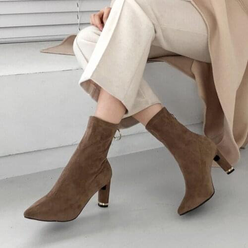 Brown black pointed thick heel fashion boots wild thin naked boots suede zipper short boots ladies size 33-42