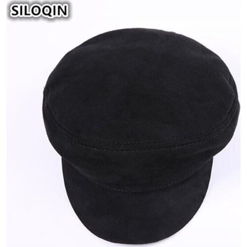 SILOQIN Mens Cap Genuine Leather Army Military Hats Autumn Winter New Style Second Layer Cowhide Brand Flat Top Caps For Men