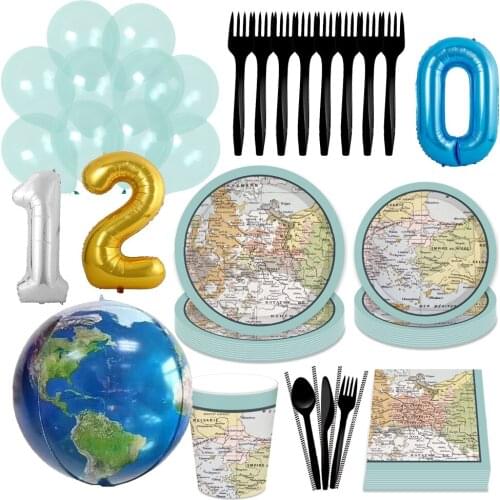 Map Theme Banquet Disposable Tableware Set Paper Plate Cup Popcorn Box Childrens Birthday Party Decoration Supplies Toy Balloon