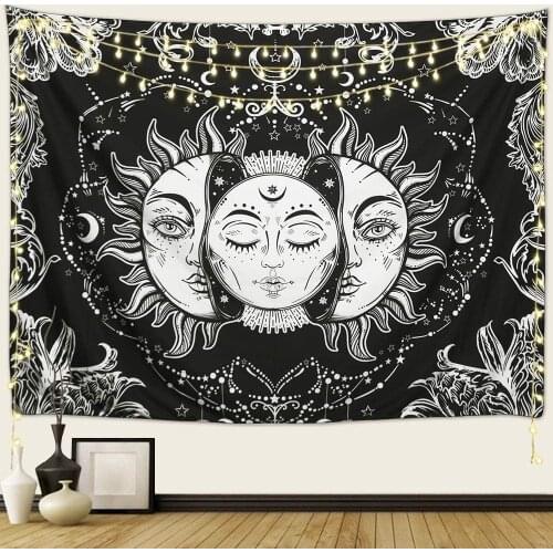Tapestry Wall Hanging Mystic Black and White Tapestries with Sun & Moon, Burning Sun with Star Psychedelic Astrology Tapestry fo