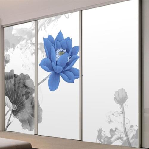 Office glass door sticker sliding door insulation film storefront cabinet balcony frosted cellophane new Chinese lotus