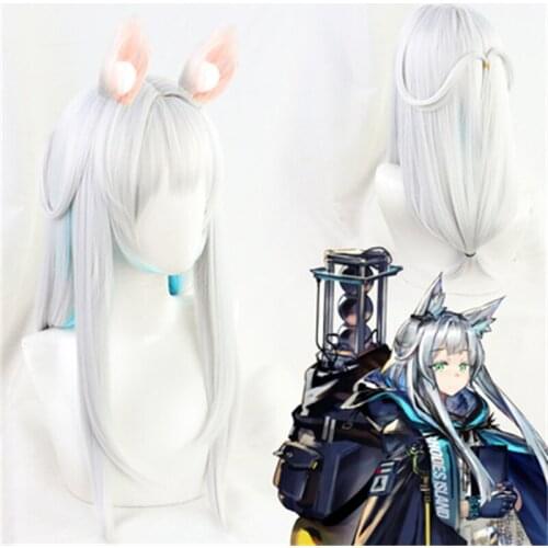 Arknights Rosmontis Cosplay Wig Silver Blue Mixed Color with Ears Heat Resistant Synthetic Hair Halloween Carnival Party