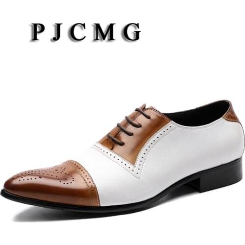 PJCMG Spring/Autumn Black/Red Oxfords Mens Pointed Toe Lace-Up Genuine Leather Wedding Mens Carved Business Office Shoes