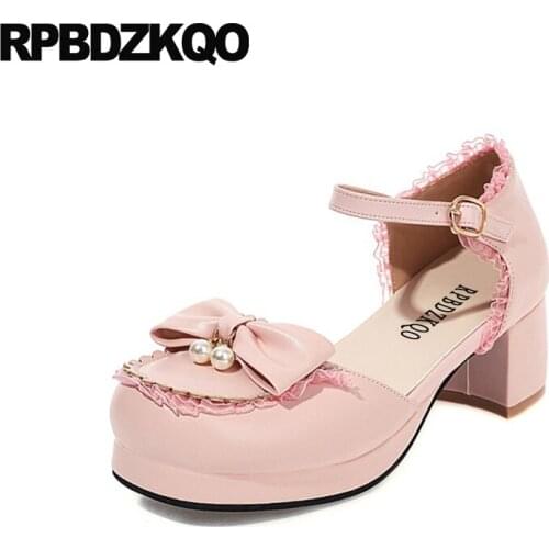 Lolita Pumps Platform Shoes Fashion 2021 Thick Round Toe Women Pearl 11 43 High Heels 10 42 Ankle Strap Bow School Big Size Lace
