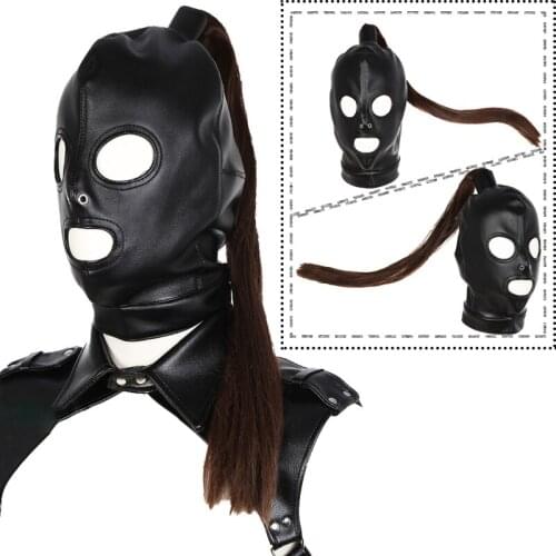 SM Sex Slave Mask Unisex PU Leather Bondage Mask Hood With Removable Wigs Restraint Headgear BDSM Fetish Cosplay Mask Sex Toys