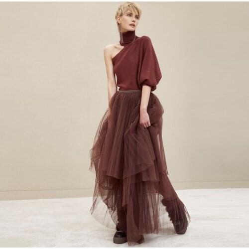 Vintage Burgundy Ruffles A-line Women Tulle Skirts Ruffles Tiered Long Women Skirt Custom Made Maxi Skirt Tutu