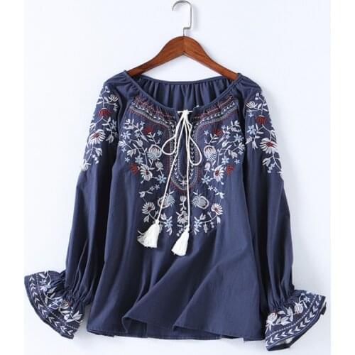 Autumn Women Floral Embroidery Cotton Blouse Shirts Casual Lace-up O-neck Blouse Shirt Ladies Casual Boho Tops