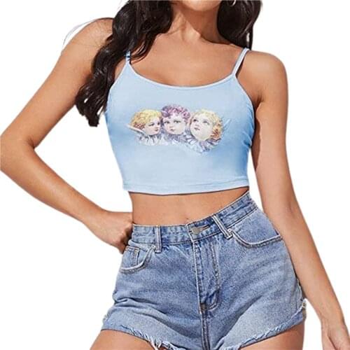 2021 Women Sexy Camisole Cute Cherub Print Spaghetti Strap Backless Crop Cami Tops y2k clothes