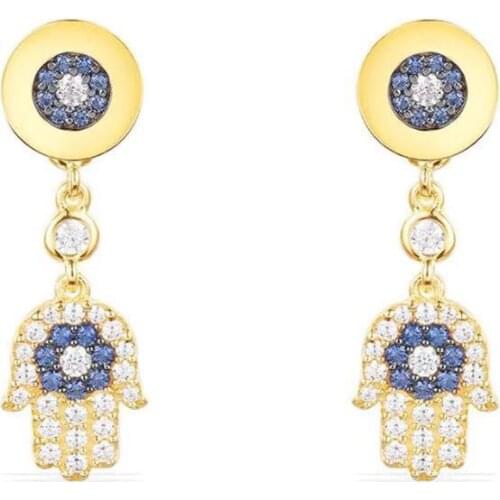 SLJELY 925 Sterling Silver Yellow Gold Color Lucky Hamsa Hand Earrings Micro Inlay Cubic Zirconia Stones Women Luxury Jewelry