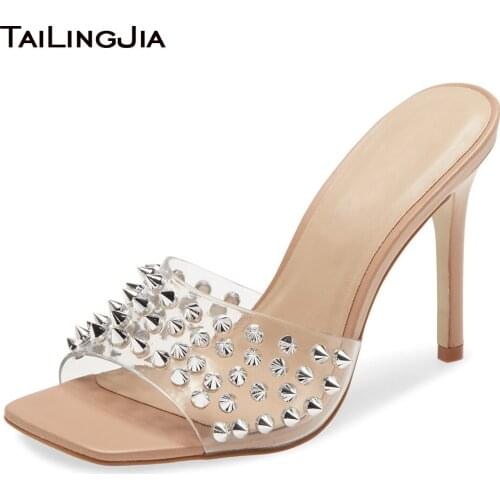 Square Toe Sandals for Women 2020 Clear Shoes Studs Heels Ladies Elegant PVC Slippers Large Size Rivets Party Dress High Heels