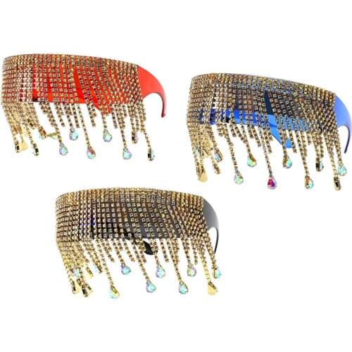 Fashion Diamond Sunglasses Women Crystal Tassel Lens Pendant Wrap Visor Steampunk Eyeglasses Punk Glasses