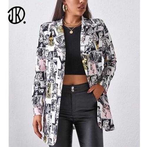 Stylish Vintage Printed Jacket Women High Street Blazer 2021 Fashion Plus Size Elegant Coat Autumn Irregular Female Outwears 2XL