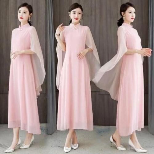 High quality Chinese Style Women Improved Cheongsam Dress Tassel Embroidery Female Pink Maxi Long Dress Long Sleeve Loose