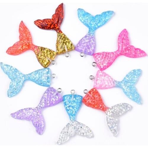 20pcs Mixed Color Mermaid Tail Shape Resin Pendants with Glitter Powder and Iron Findings 46x30x6mm Hole: 2mm