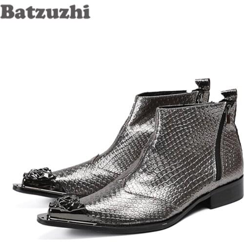 Batzuzhi Japanese Style Handmade Men Boots Metal Pointed Toe Grey Genuine Leather Men Boots Ankle Party Wedding Botas Hombre
