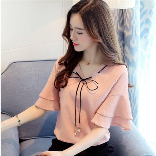 New 2020 Ruffled short sleeve bow-knot chiffon Women Blouses Shirt Women tops solid white v-neck causal Summer blouse blusas 18A
