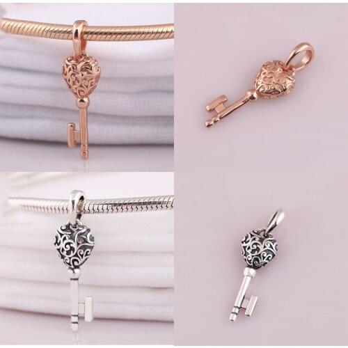 Free Shipping 925 Sterling Silver Vintage Key Dangle Hanging Charms Fit Original Bracelets For Women DIY Jewelry S925 Beads