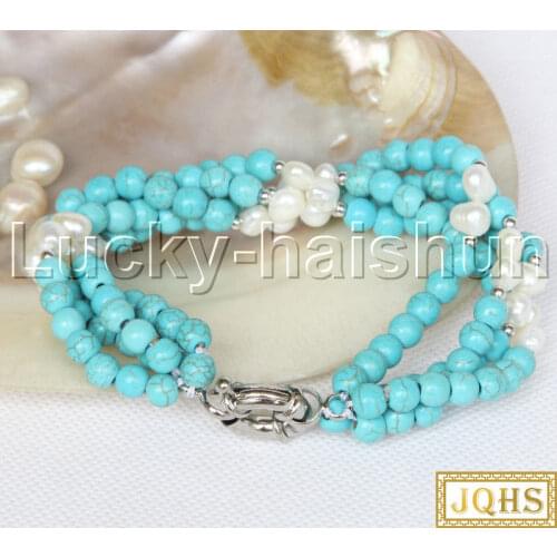 JQHS Genuine 8" 4row 6mm round blue turquoises white pearls Beaded Strand bracelet j11697