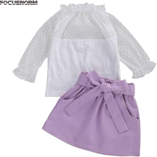FOCUSNORM 1-5Y Autumn Girls Clothes Sets 2pcs Lace Ruffles Long Sleeve Pullover Tops Purple A-Line Skirts