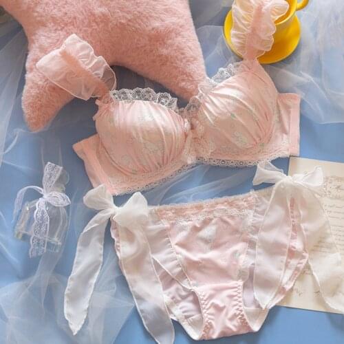 Kawaii Cup Sweet Japanese Sexy Push Up Bra and Panty Set Ruffles Pink Underwear for Young Lady Women Seamless Lingerie Female