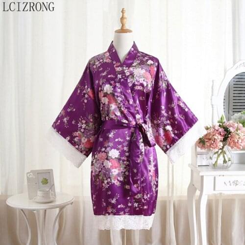 Summer Sexy Faux Silk Lace Patchwork Bathrobe Women Fashion Floral Short Dressing Gown Japanese Style Cozy Lingerie Sleepwear