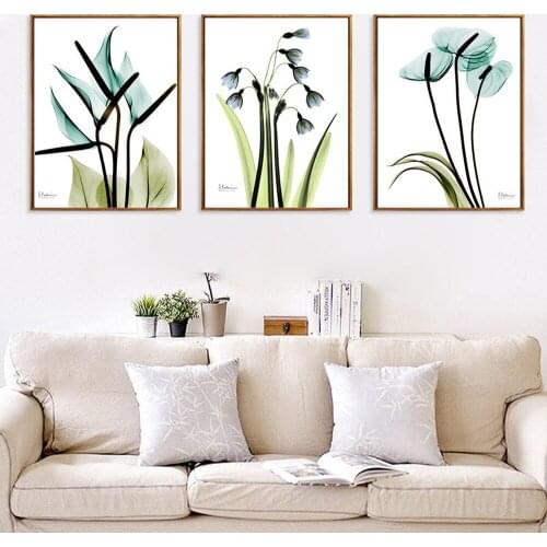 Small Fresh Flowers Triple Canvas Painting Simple Green Plant Wall Art Pictures Living Room Bedroom Sofa Background Decor Mural