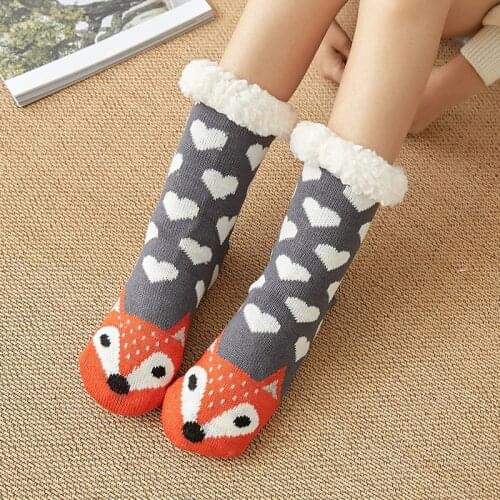 Cartoon Thicken Fluffy Fleece Cotton Socks Winter Indoor Warm Fox Socks Cute Animals Home Floor Slipper Socks Bed Sleeping Sock