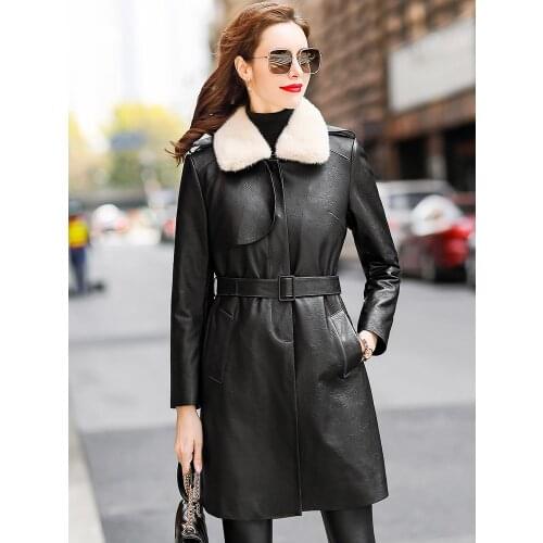 2021 New Sheepskin Fashion Fur Coat Mink Collar Off Leather Down Jacket Womens Medium Length
