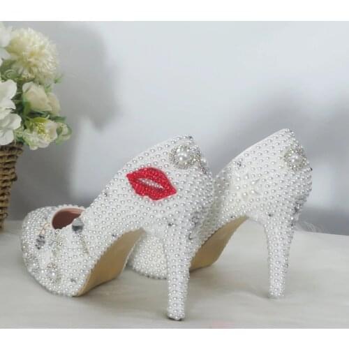 2021 New Womens White Pearl Pumps Bride Wedding Shoes Crystal High Heel Ladies Thin Heels Big Size Party Dress Shoes