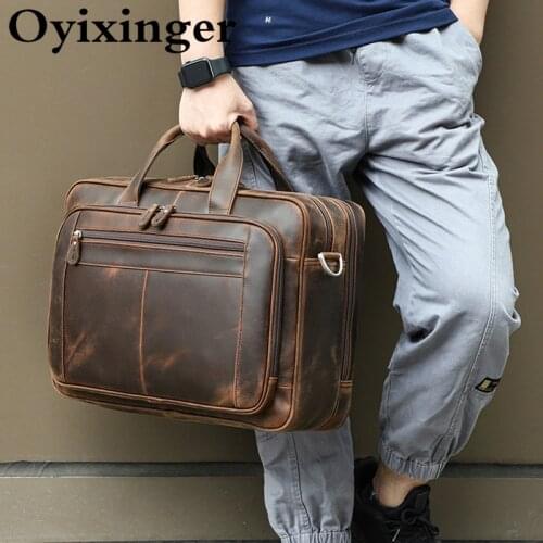 OYIXINGER Vintage Genuine Leather Men Laptop Bag Large Capacity Laptop Handbag For 17" Macbook Luxury Crazy Horse Male Briefcase
