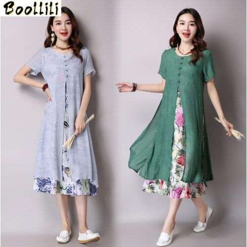 Boollili Vestidos Cotton And Linen Dress Summer Flower Green Vintage Dress Long Womens Dresses Casual Robe Femme Ete 2020