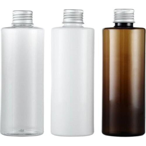 Clear Brown White 250ML X 25 Empty Aluminum Screw Cap Cosmetic Plastic Bottles Personal Care Packaging Flat Shoulder Bottles