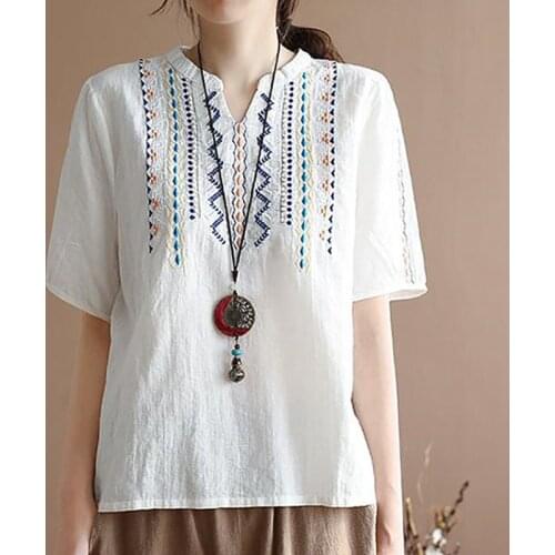 Plus size Tops for Women 100% Cotton Vintage Blouse Embroidery High quality Ladies Summer Casual Short sleeve Loose White Shirt