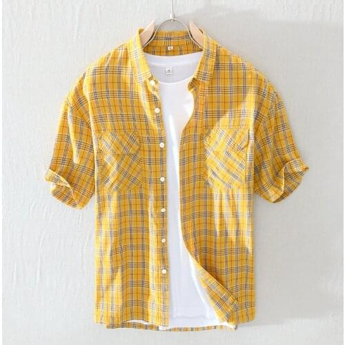 1024 Classic Plaid Shirt For Men Summer Casual Loose Lapel Pocket Single-Breasted Cotton Linen Short-Sleeved Youth Male Clothes