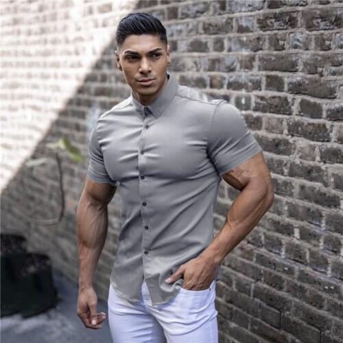 Mens Fashion Short Sleeve Shirt Plain Casual Super Slim Fit Mens Social Business Dress Shirts Summer Fitness Men Sports Clothing