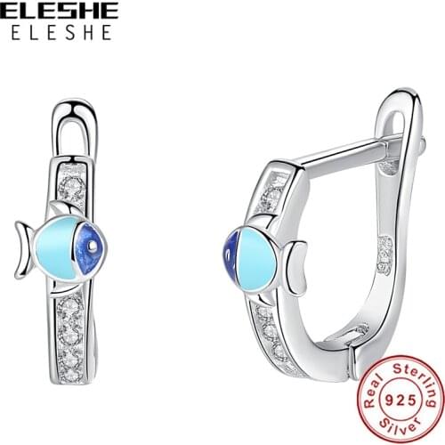 Blue Enamel Fish Lovely Hoop Earrings Genuine 925 Sterling Silver Children Earrings Party Dating Jewelry For Girls Kids