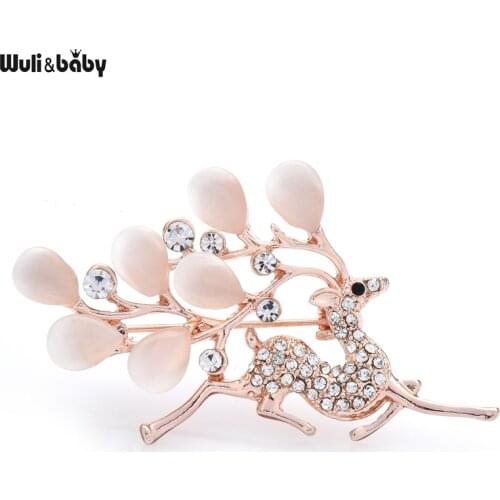 Wuli&baby Opal Rhinestone Deer Chritmas Brooch Pins Jewelry Gift Classic Running Reindeer Animal Brooches