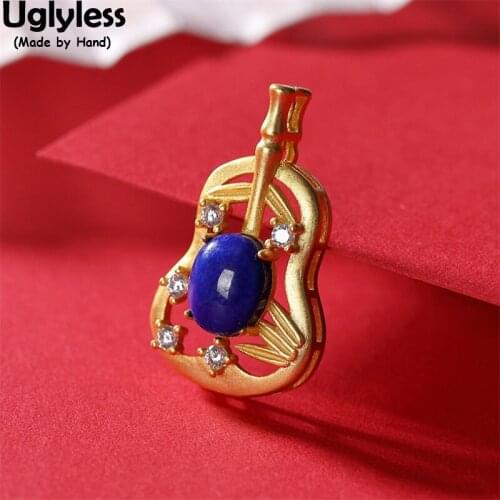 Uglyless Natural Lapis Banana Leaf Pendants for Women Hollow Banana Fan Necklaces No Chains Gold Leaves 925 Silver Vintage Jewel